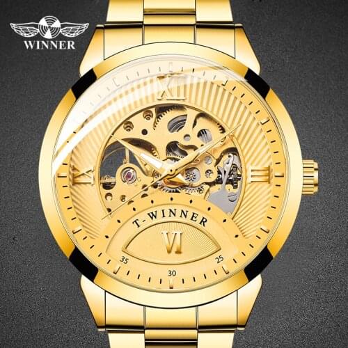 Winner Luxury Golden Top Brand Fashion Casual Mans Watches Stainless Steel Hollow Automatic Mechanical Male Wrist Watch