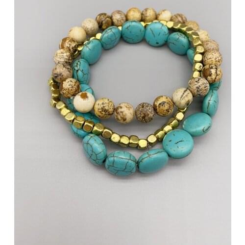 FoLisaUnique 3Strands Gold Filled Beads Jasper Turquoise Bracelet For Women Girl Gift Stacking Single Stretch Bracelet
