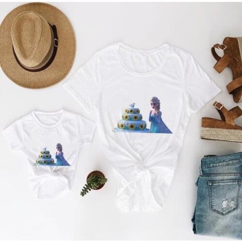 Disney Frozen Elsa Tshirt Women Happy Birthday Graphic Family Clothing Sets Mom and Kids Summer Casual T-shirt United States