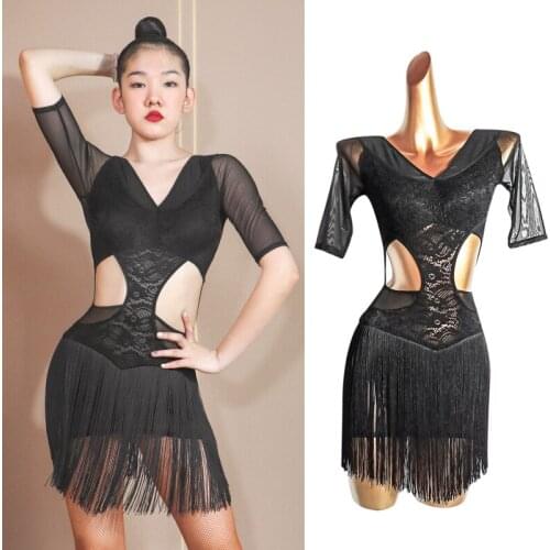 Latin Dance Dress Women Cutout Waist Black Lace Fringe Dress Summer Practice Clothes Rumba Dress Latin Performance Wear VDB3594