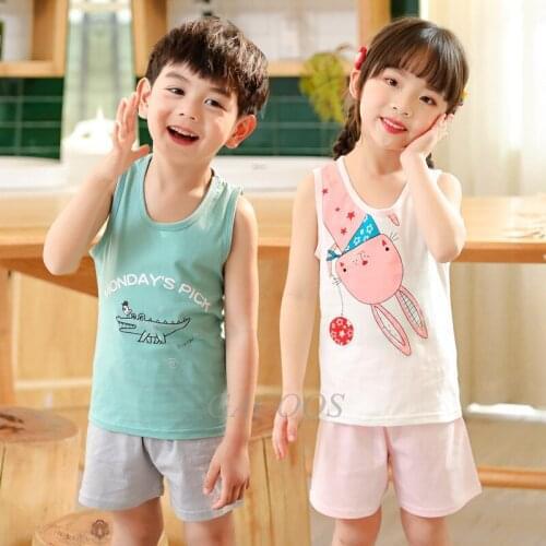 New Toddler Boys Clothes Summer Sleeveless Pajama Sets Vest+Shorts Cotton Pyjamas Soft Sleepwear Cartoon Bunny Pajamas For Girls