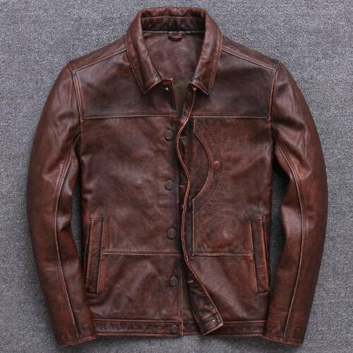 O Beautiful Khaki Do Used Genuine Leather Clothing Male Head Layer Cowhide Self-cultivation Short Fund Loose Coat Single