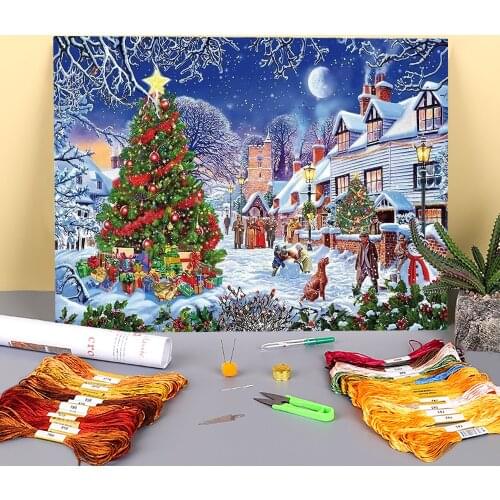 Christmas Village Printed 11CT Cross-Stitch Embroidery Set DMC Threads Hobby Craft Painting Handmade Needle Jewelry