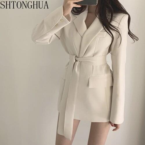 SHTONGHUA New 2019 Autumn Winter Women Jackets Office Ladies Lace up Notched Formal Outwear Elegant Tops Free blet