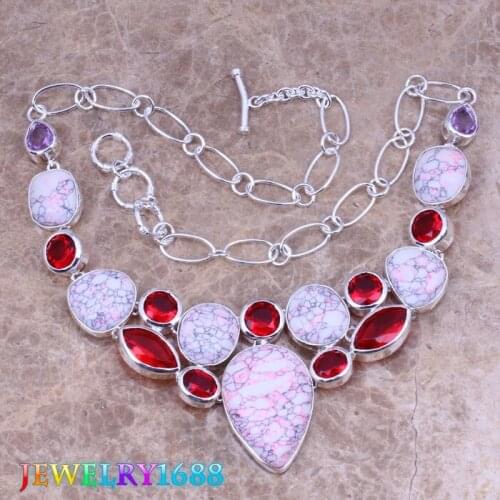 Resplendent Pink Natural Stone Red Garnet Silver Plated Grade Necklace L705