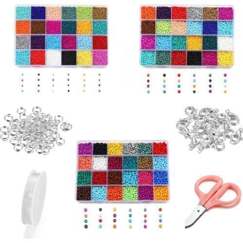 2/3/4mm 24Colors Mixed Beads Glass Bead Silver Lobster Clasps Split Ring Safety Scissors Elastic Thread Sets for Jewelry Making