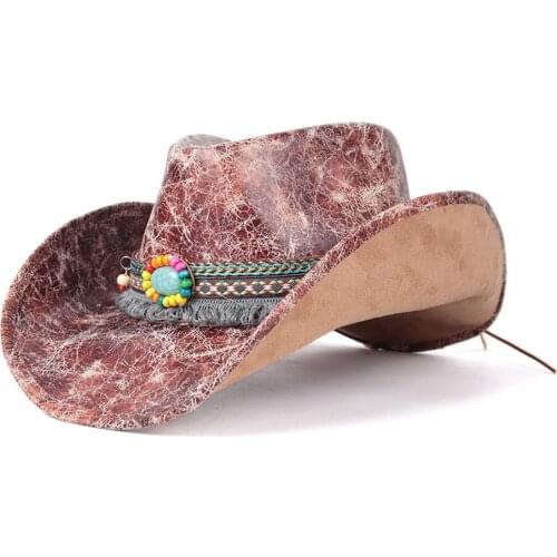 Women Leather Western Cowboy Hat Outdoor Gold Rill Brim Jazz Hat Sombrero Hombre Cowgirl Hat tassel Belt Size 58-59CM