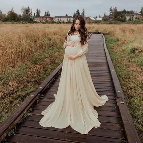 2021 Long Sleeve Lace Maternity Dress For Photo Shoot Long Tail Chiffon Pregnancy Maxi Gown Outfit Fitting Dress For Baby Shower