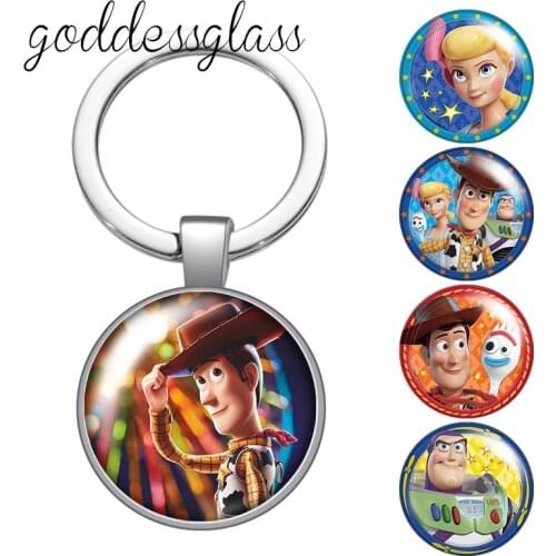 Disney Toy Story Woody Buzz Lightyear glass cabochon keychain Bag Car key chain Ring Holder Charms keychains gift