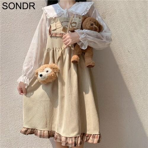 One Piece Strap Dress Women Japanese Kawaii Girls Embroidered Ruffle Suspender Dress Autumn Soft Girl Loose Sleeveless Dresses