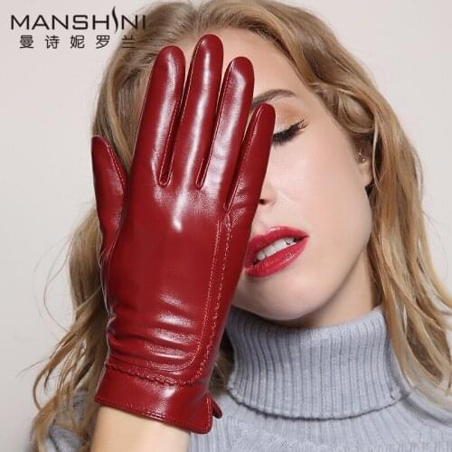 Leather gloves warm thickening riding thin gloves winter touch screen sheepskin gloves ladies driving leather gloves 036