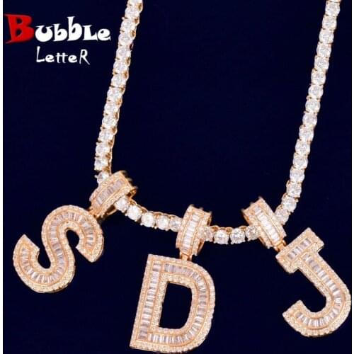 Baguette Letters Pendant With 4mm Tennis Chain Necklace Set Gold Color Women/Mens Hip Hop Fashon Jewelry