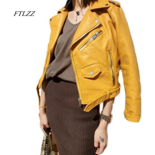FTLZZ Zipper PU Leather Jacket Short Pink Motorcycle Jackets With Belt Classic Basic Spring Women Faux Leather Outwear