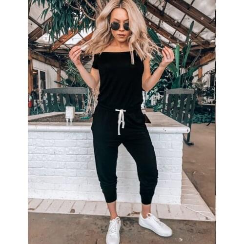 Fashion Womens Jumpsuit Off Shoulder Solid color Casual Playsuit Bodycon Short Sleeve Lace Up Jumpsuits Romper Long Trousers
