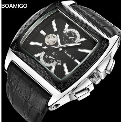 BOAMIGO Mens Watches Brand Quartz Watches Men Leather Auto Date Wristwatches Fashion Style Black Wrist Watch Relogio Masculino