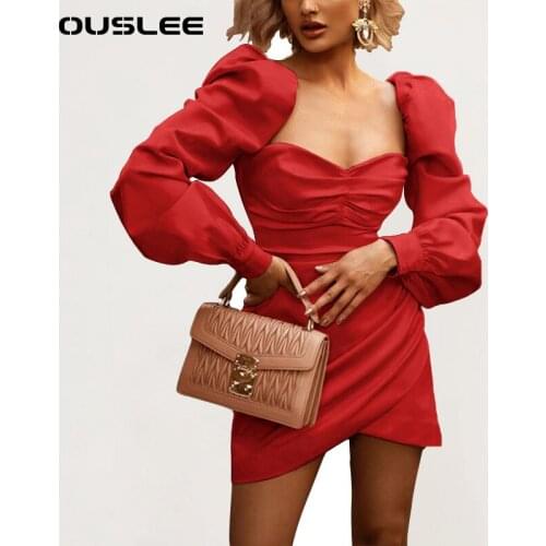 OUSLEE New Satin Puff-Sleeve Dress For Women Solid Ruched Square Collar Ladies Sexy Backless Zip Dresses Vestido De Fiesta Mujer