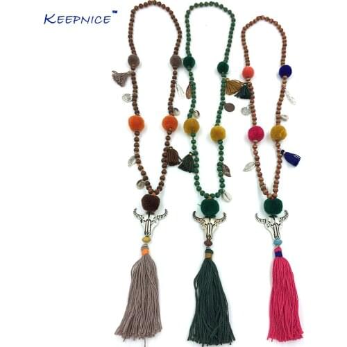Collares Collier Maxi Necklace Boho For Buffalo Head Skull Tauren Pendants Necklace Tassel Beades Chain Long Pompoms Charm