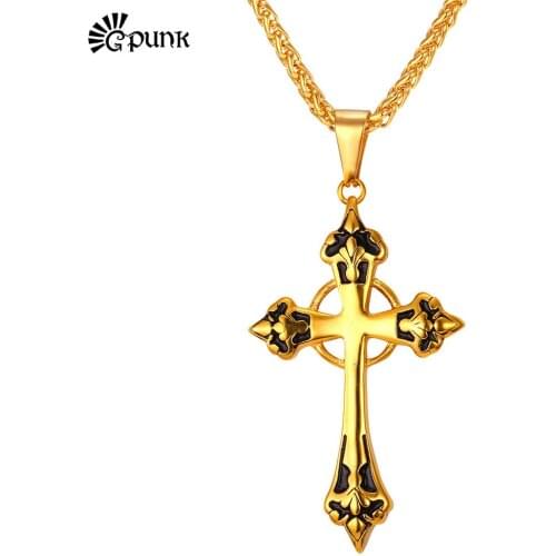 Unisex Latin Cross Pendant Necklace With Byzantine Chain yellow Gold color 316L Stainless Steel Wholesale Religious P2065G