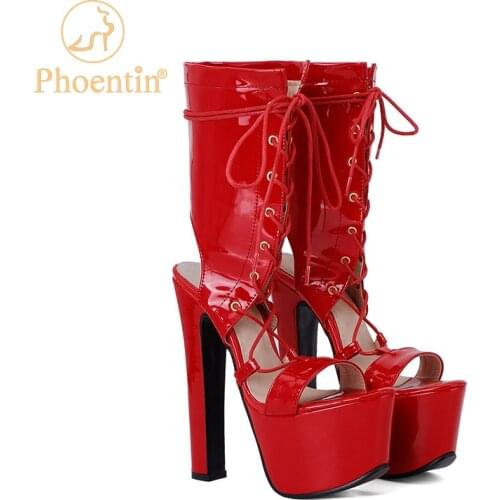 Phoentin Womens Sandals 2021 Female Modeling Strap Super High Heels Mid Calf Lace Up Summer Platform Shoes Narrow Bands FT1504