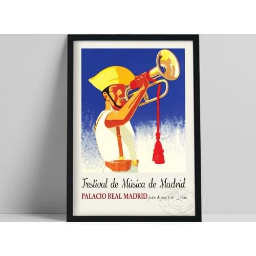 Madrid Festival Poster, Jazz Art Trumpet Prints, Vintage Instruments Music Festival Home Decor, Indie Pop Music Lovers Collect