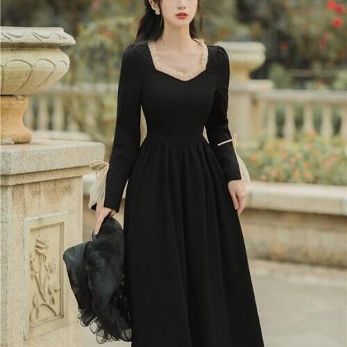 Spring Autumn V-neck Slim Waist Flare Sleeve Black Dress for Women CottageStyle Princess Vintage Boho Clothing Vestido De Mujer