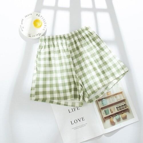 Shorts Women Loose Elastic Waist Green Plaid Korean Sweet Style Summer Female Cute Vintage Home Pants Stylish New Women Pajamas