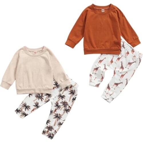 Citgeett Autumn Casual Infant Baby Girls Boys Clothes Sets Solid Long Sleeve Sweatshirt Tops Printed Pant Spring Set