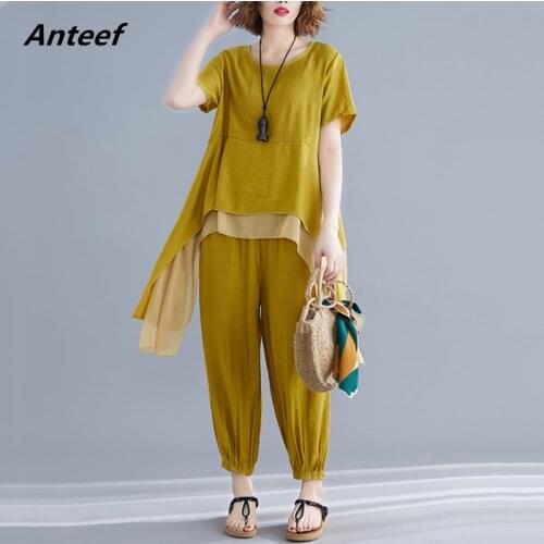 Cotton vintage summer casual 2 two piece set loose tee t shirt women t-shirt ladies tshirt 2021 clothes tops and pants