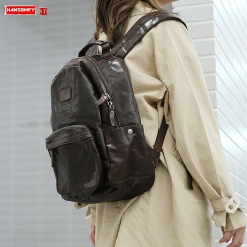 Retro large-capacity leather Women backpack with wide shoulder straps ladies cowhide soft leather travel computer backpacks