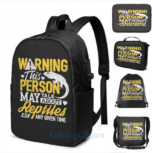 Funny Graphic print Reptile Lover Gift Warning Person Talk About Reptiles USB Charge Backpack men School Travel laptop bag