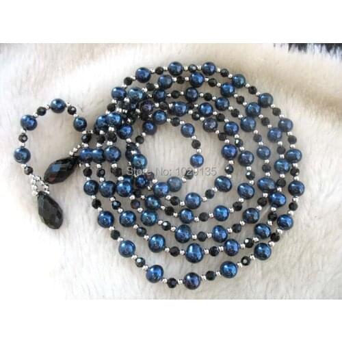 Freshwater pearl black near round 7-8nmm long necklace 52" nature black quartz drop faceted for gift