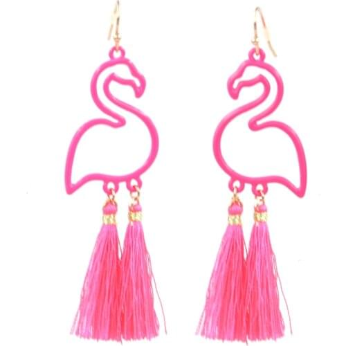 2021 New Hollow Out Hot Pink Flamingos Two Tassel Drop Earrings for Women