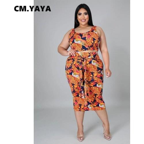 CM.YAYA Women Plus Size Set Print Crop Tanks Tops Bandage Midi Skirts Two 2 Piece Sets Casual Fashion Outfit Summer Tracksuit