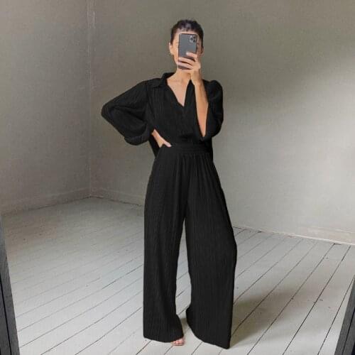 Women Suit 2021 Autumn Spring LOOSE Full Length Casual Chiffon Elastic Waist Solid Shirt and Pants 2 Pic Set Euro-America Style