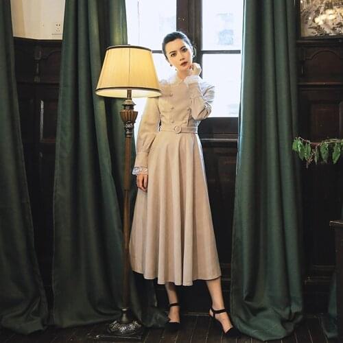 Fall 2018 new womens fashion art RETRO Plaid Dress long sleeve lace temperament slim dress