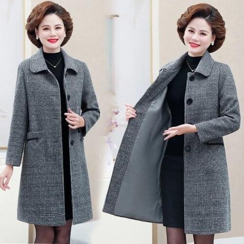Autumn Winter 2021New Middle-aged Woolen Coat Women lattice Windbreaker Female Lapel Long sleeve Wool Coat Ladies Jacket