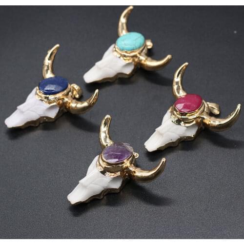 1Pcs Natural Bull Bone Pendant Amethysts Beads Bull Head Necklace Pendants for Jewelry Making DIY Charms Necklace Gift for Women
