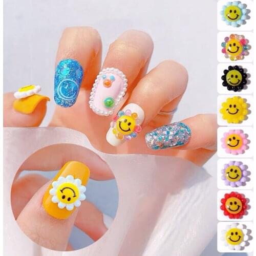 10/20pc Hot Sale Nail Art Resin Sun Flower Smiley 11x11mm Nail Art Rhinestones DIY 3D Nail Charms Kawaii Accessories Decorations