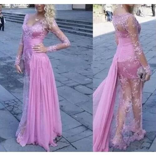 2020 Sheath Prom Dresses With V-Neck Long Sleeve Lace With Appliques Sexy Chiffon Formal Evening Dresses Party Dresse Custom
