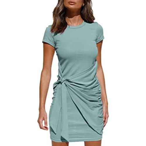 2021 Summer Fashion Womens Bodycon Dresses Round Neck Short Sleeve Bow Above Knee Mini Dress Female Casual Vestidos