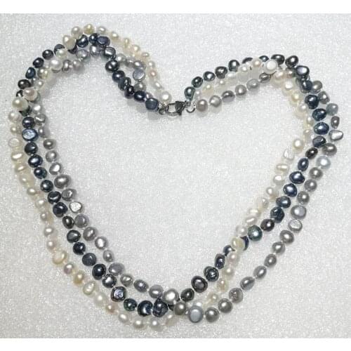 3 strands 7mm bright white gray black colors baroque pearl necklace natural freshwater pearl Woman Jewelry 35cm 14'' 43cm 17