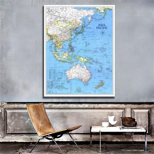 A2 Size Retro World Map Fine Canvas Painting HD Printed Wall Art Map of Asia Pacific 1989 Edition Home Living Room Wall Decor