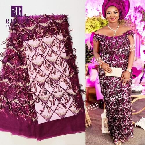 African Guinea Tassel Sequins Mesh Lace Fabrics Sequined Embroidered Mesh Laces Fabric Purple Color Nigerian Wedding Material