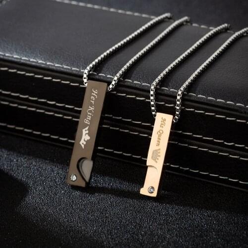 King Queen Heart Pendant Stainless Steel Couple Necklace Women Men Gift Jewelry Valentines Day Black Rose Gold Color Wholesale
