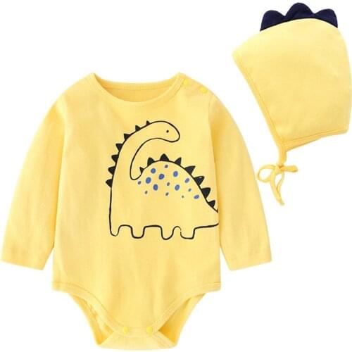 Baby Cartoon Dinosaur Stripe Bodysuit Romper Toddler Boys Long Sleeve Cotton Onesies Jumpsuit+Hat Summer Clothes Set for Newborn