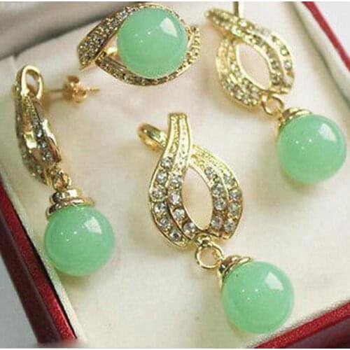 New Womens 12mm Green Pendant Necklace Earrings Ring Set