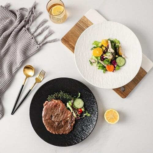 Nordic Round Ceramic Table Plates Porcelain Stone Grain Relief Dinner Plate Western Steak Dessert Serving Tray Kitchen Tableware