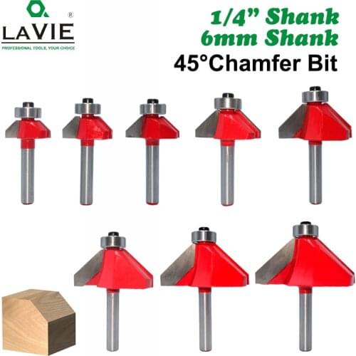 LAVIE 1pc 6mm 6.35mm Shank 45 Degree Chamfer Router Bit Edge Forming Bevel Woodworking Milling Cutter for Wood Bits MC01130