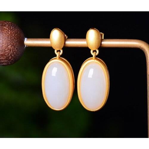 Natural Hetian White Jade Palace Museum New Ancient Style Gold Earrings Simple French Style Design Earrings Ornament