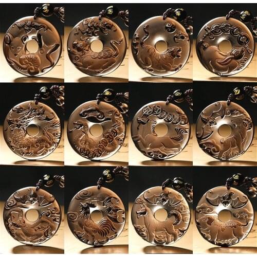 Natural Ice Obsidian Chinese Zodiac Pendant Beads Necklace Fashion Charm Jewellery Carved Lucky Amulet Gifts for Her Women Men